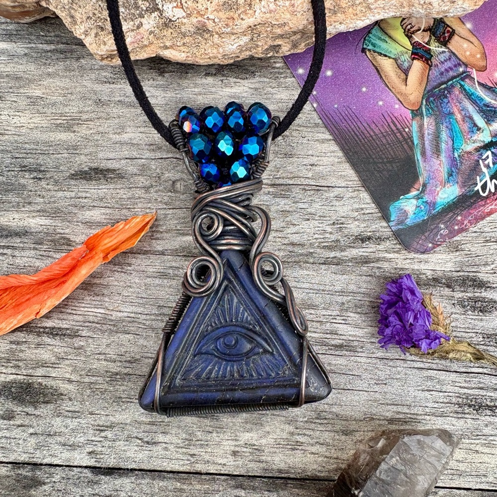 Oxidized Blue Labradorite Wire Wrap All Seeing Eye Triangle Crystal Necklace